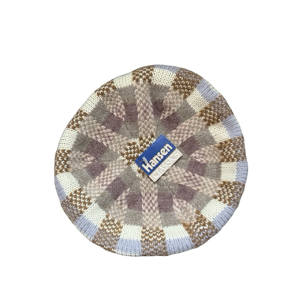 Vintage Hansen Beret Hat checkered Nordic Fair Isle‎ Made In USA Acrylic